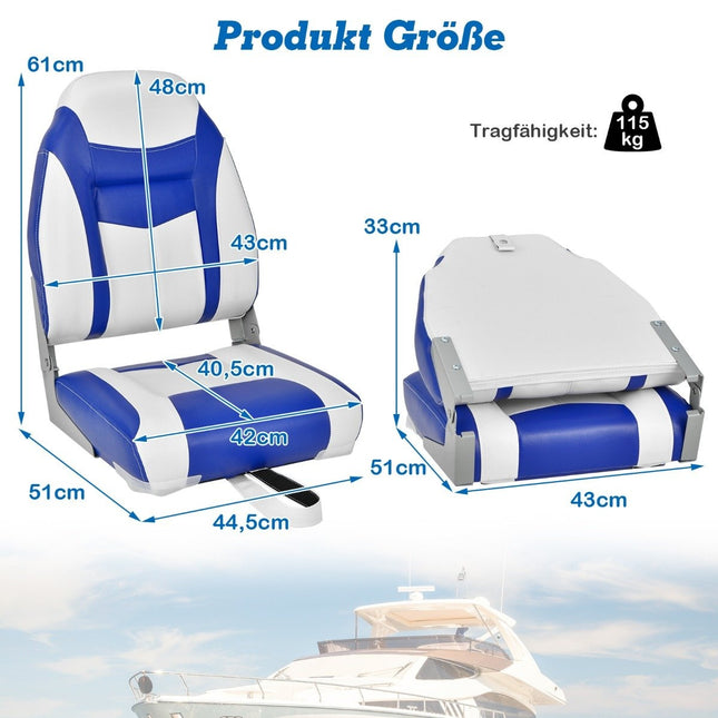 Siège de bateau à dossier haut avec rembourrage en éponge de 10 cm d'épaisseur, chaise de bateau pliante bleu blanc