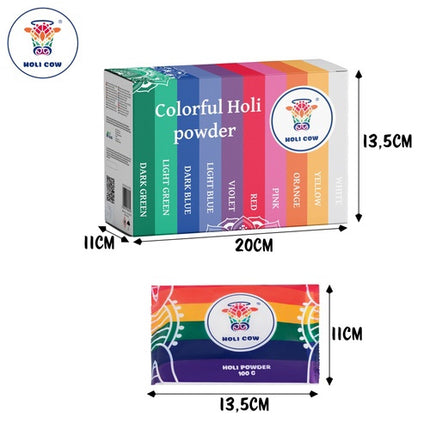 Coffret de poudres colorées Holi, 10 x 100 g, 10 couleurs vives