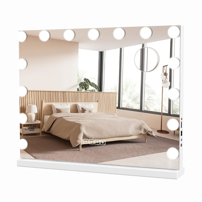 Miroir Hollywood avec éclairage, port de charge USB et haut-parleur Bluetooth, miroir cosmétique pour chambre, 58 x 46 cm, blanc