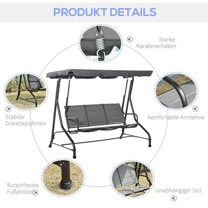 Hollywood Swing Balançoire De Jardin 3 Places Avec Auvent Réglable, Acier Et Polyester, Gris, 205 X 118 X 170 Cm