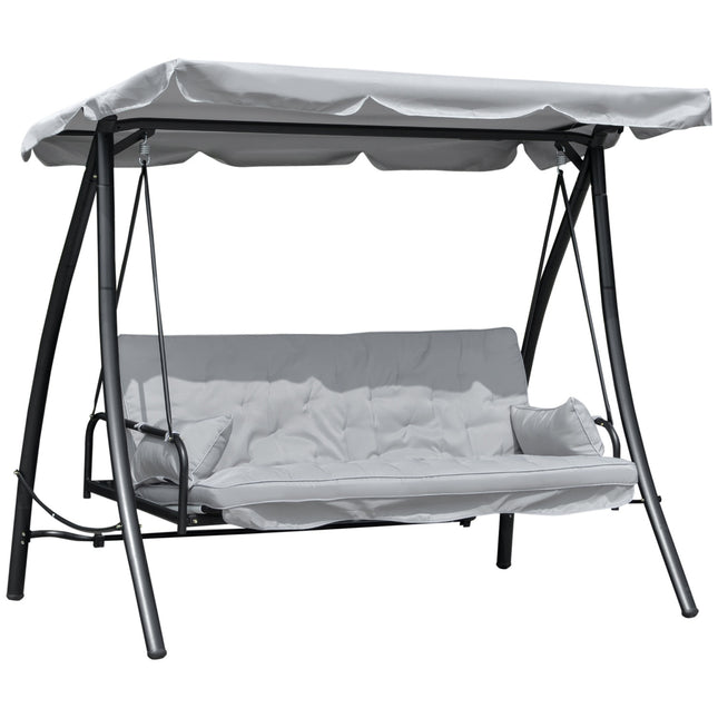 Schaukelbank für den Außenbereich, 3-Sitzer, Liegefunktion, Metall & weißer Polyester