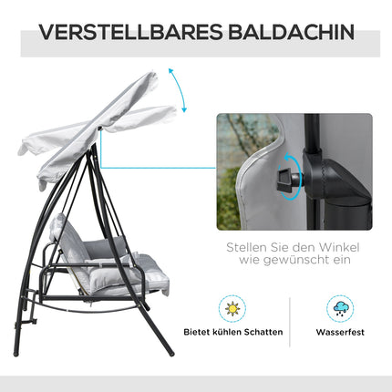 Schaukelbank für den Außenbereich, 3-Sitzer, Liegefunktion, Metall & weißer Polyester