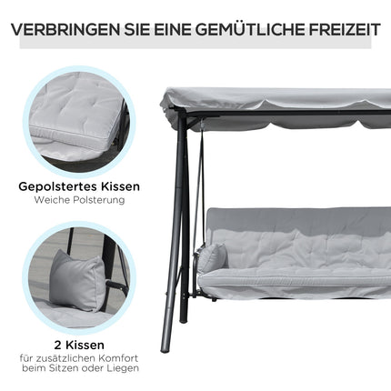 Schaukelbank für den Außenbereich, 3-Sitzer, Liegefunktion, Metall & weißer Polyester