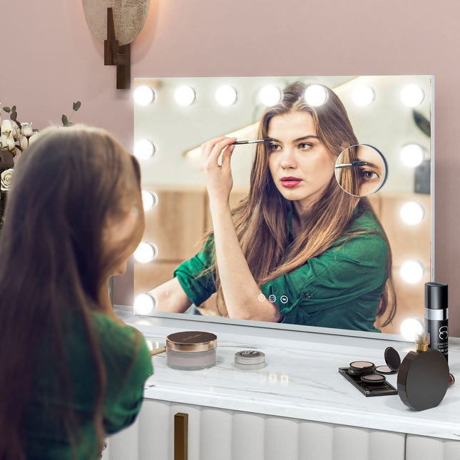 Miroir Hollywood avec éclairage 58x48cm 15 LED 3 modes d'éclairage grossissement 10x interrupteur tactile portable port de charge USB blanc |.de