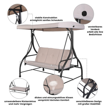 Hollywoodschaukel mit Liegefunktion, 3-Sitzer Gartenschaukel 183 x 112 x 178 cm Beige