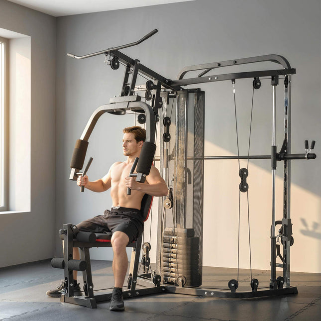 Heim-Fitnessstation mit 65kg Gewichten, Latzug, Curlbank