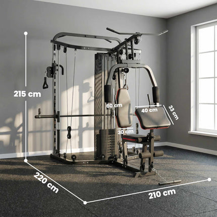 Station de musculation à domicile avec haltères de 65 kg, poulie haute, banc de musculation