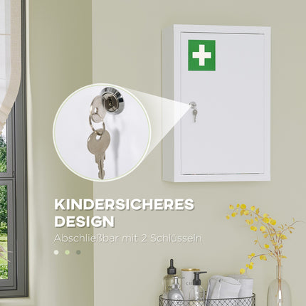 Armoire à pharmacie à 3 compartiments, 30 x 14 x 46 cm, verrouillable, coffre-fort pour enfants avec clés, acier laminé à froid, blanc