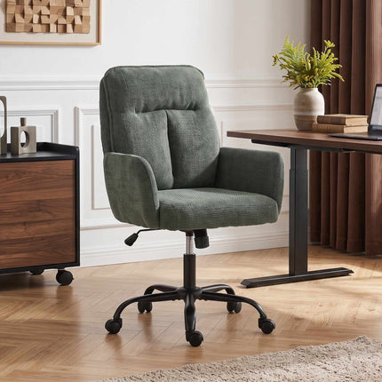 Home Office Desk Chair with Wide Seat and Mid Back, Linen Look, Dark Green