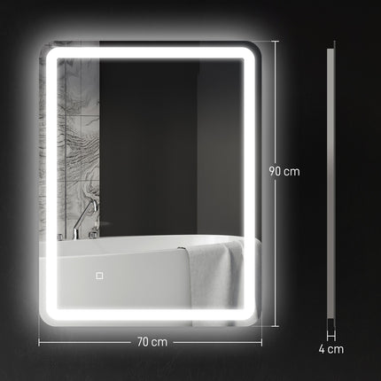 Miroir de salle de bain lumineux, commande tactile, antibuée, 70 x 90 cm