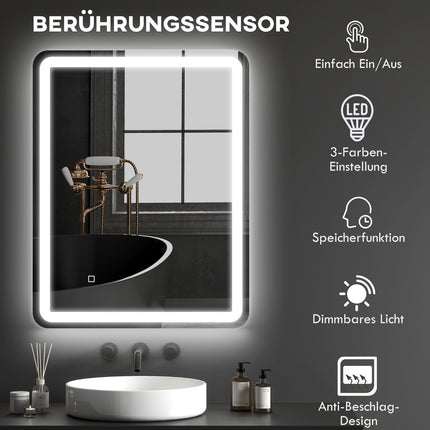 Miroir de salle de bain lumineux, commande tactile, antibuée, 70 x 90 cm