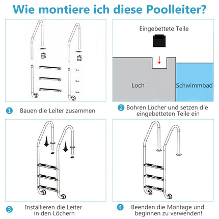 Échelle de piscine enterrée, 3 marches, en acier inoxydable antidérapant