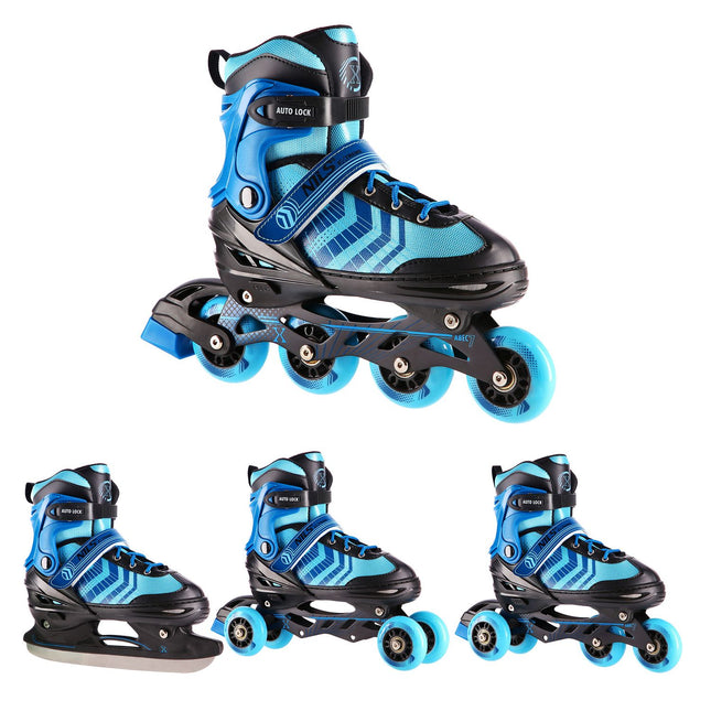 Inlineskates und Eishockey-Schlittschuhe, 4-in-1, Schwarz-Blau, Größe S