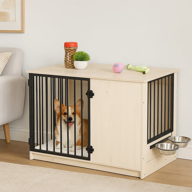 Cage d'intérieur pour chien, effet bois, 2 gamelles, taille moyenne