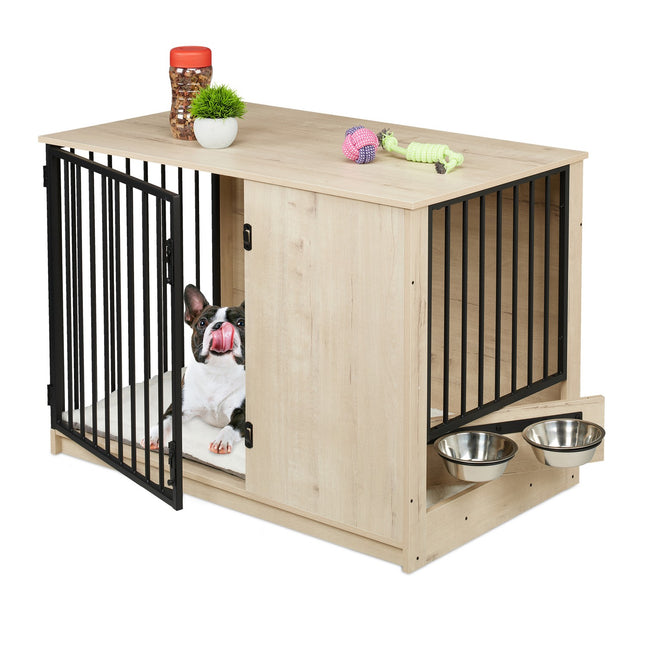 Cage d'intérieur pour chien, effet bois, 2 gamelles, taille moyenne