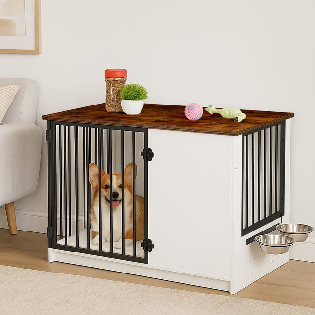 Cage d'intérieur pour chien avec gamelles, effet bois, taille moyenne