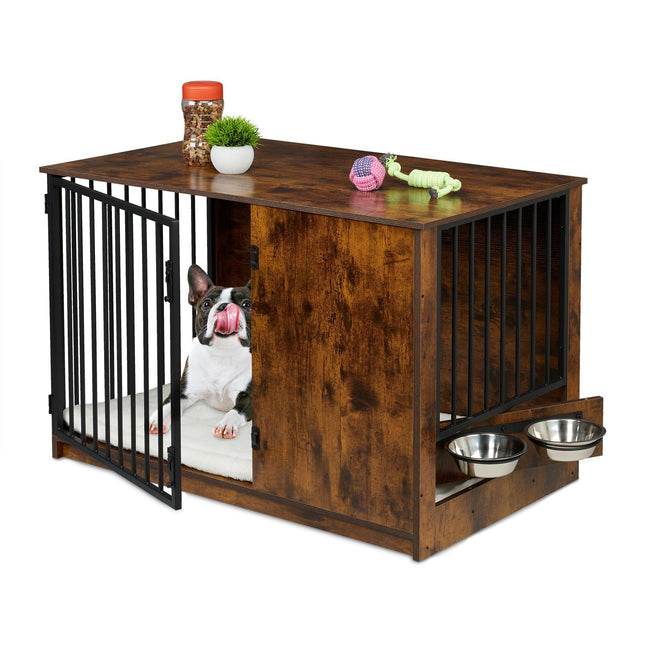 Cage d'intérieur pour chien avec gamelles - Effet bois, taille moyenne