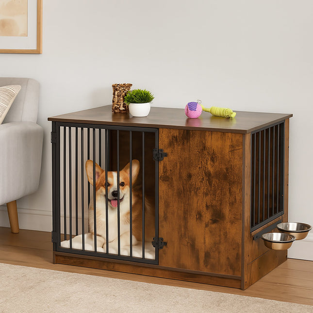 Cage d'intérieur pour chien avec gamelles - Effet bois, taille moyenne