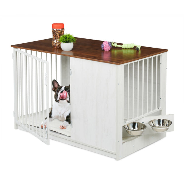 Cage d'intérieur pour chien avec gamelles, effet bois, taille moyenne
