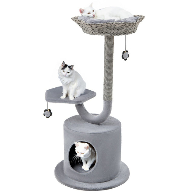 Poteau à gratter d'intérieur avec cadre en métal incurvé, centre d'activités pour chat à 3 niveaux, gris