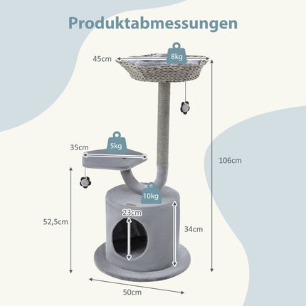 Kratzbaum für den Innenbereich mit gebogenem Metallrahmen, 3-stufiges Katzen-Aktivitätszentrum, Grau