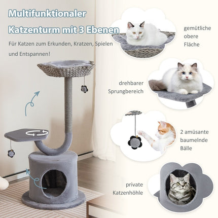 Kratzbaum für den Innenbereich mit gebogenem Metallrahmen, 3-stufiges Katzen-Aktivitätszentrum, Grau