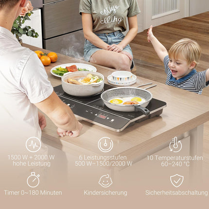 Plaque de cuisson à induction Plaque de cuisson à induction portable 2 plaques avec 8 niveaux de puissance et 10 niveaux de température, 3500 W, sécurité enfant, minuterie, noir