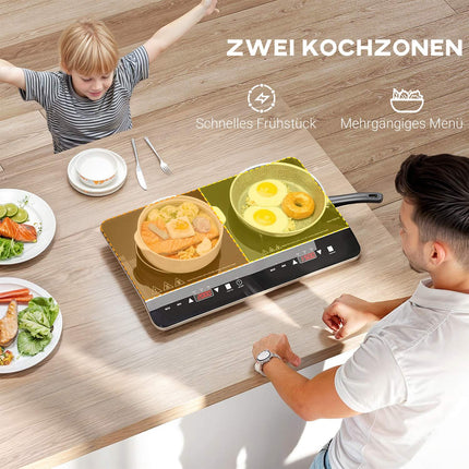Plaque de cuisson à induction Plaque de cuisson à induction portable 2 plaques avec 8 niveaux de puissance et 10 niveaux de température, 3500 W, sécurité enfant, minuterie, noir