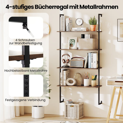 Industrielles 4-stöckiges Wandregal mit Metallrahmen, Braun