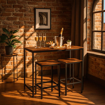 Ensemble table de bar de style industriel avec 2 tabourets, bois et métal