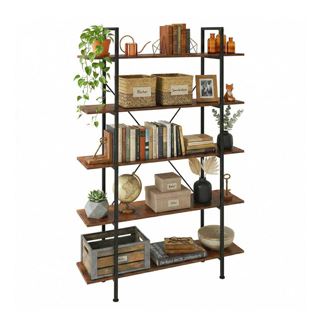 Bibliothèque industrielle, 5 étagères, structure en bois et métal