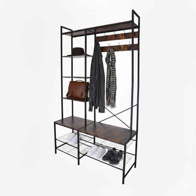 Porte-manteau industriel avec banc à chaussures et étagère à chapeaux