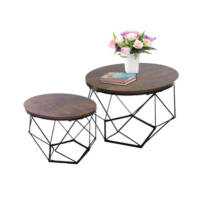 Industrielles Couchtisch-Set, Holz-Optik-Platte, Metallgestell
