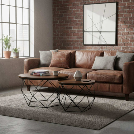 Industrielles Couchtisch-Set, Holz-Optik-Platte, Metallgestell
