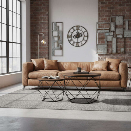 Industrielles Couchtisch-Set, Holz-Optik-Platte, Metallgestell
