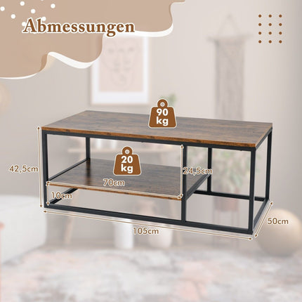 Industrieller Couchtisch mit Ablage &amp; Metallgestell Rechteckiger Sofatisch Braun