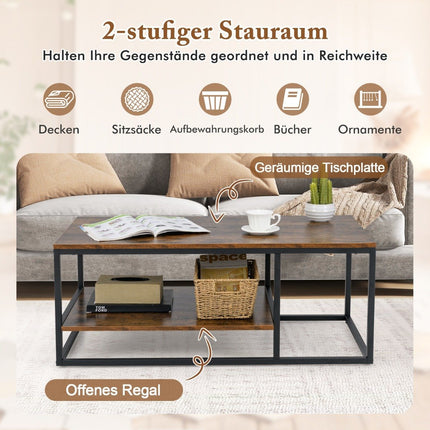 Industrieller Couchtisch mit Ablage &amp; Metallgestell Rechteckiger Sofatisch Braun