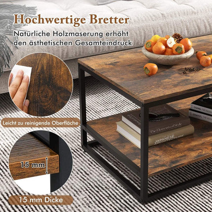 Industrieller Couchtisch mit Ablage &amp; Metallgestell Rechteckiger Sofatisch Braun