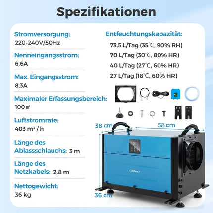 Industrie-Luftentfeuchter, 73.5L/Tag, 3 Modi, Timer