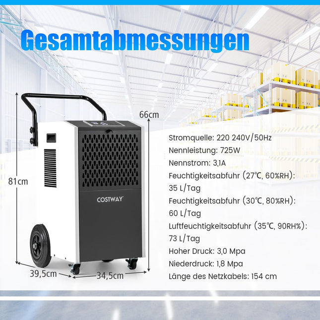 Industrieller Luftentfeuchter, 73L/Tag, Auto-Drain & Timer