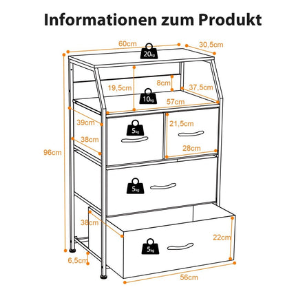 Commode industrielle avec 4 tiroirs en tissu et cadre en métal