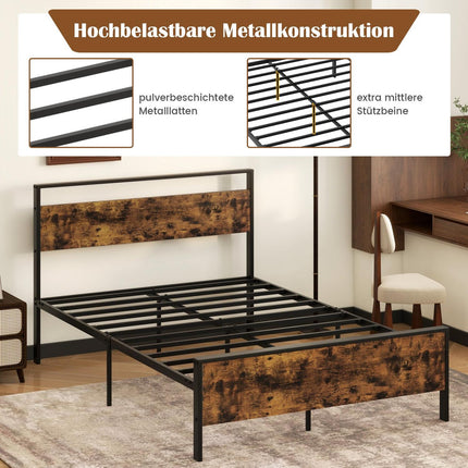 Cadre de lit industriel en métal pour matelas 200 x 140 cm, tête de lit en bois