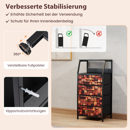 Nachttisch im Industriestil mit 4 Stoffschubladen und offener Ablage