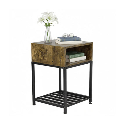 Table de chevet industrielle avec étagère ouverte et rangement en grille