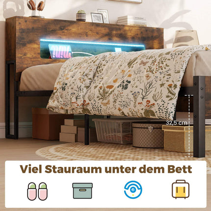 Industrial Platform Bed Frame with LED Lights, Storage Headboard, 200x140 cm
