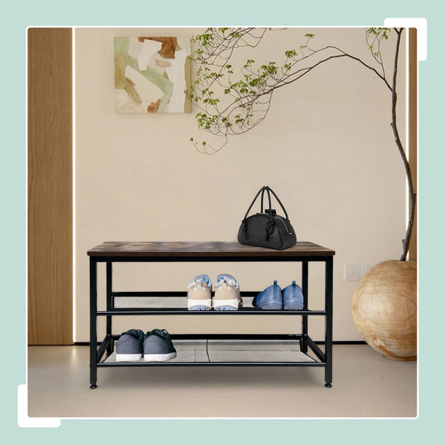 Étagère à chaussures industrielle - Étagères en fer, plateau imitation bois