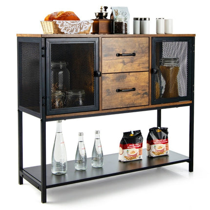 Buffet industriel multifonctionnel avec 2 armoires grillagées et 2 tiroirs 100 x 35 x 85 cm
