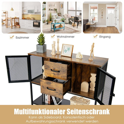 Buffet industriel multifonctionnel avec 2 armoires grillagées et 2 tiroirs 100 x 35 x 85 cm