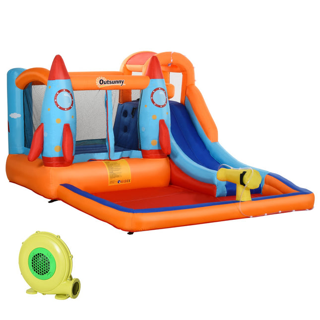 Château Gonflable Château De Jeu Avec Toboggan Pour 4 Enfants Château Avec Maisonnette Souffleuse Pour 3 À 8 Ans Tissu En Polyester Oxford À Motif De Fusée