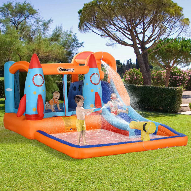 Château Gonflable Château De Jeu Avec Toboggan Pour 4 Enfants Château Avec Maisonnette Souffleuse Pour 3 À 8 Ans Tissu En Polyester Oxford À Motif De Fusée